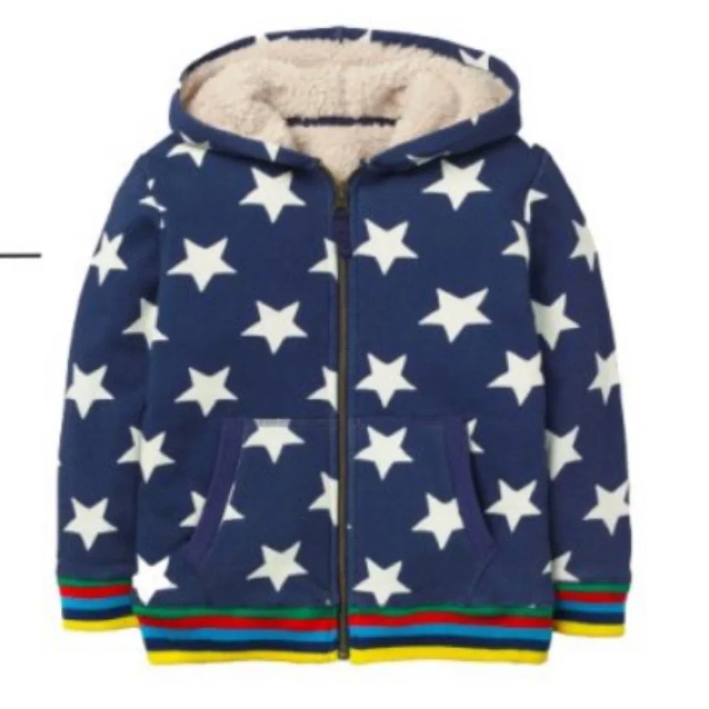 Mini Boden Sherpa Lined Star Hoodie 5-6Y Rainbow Trim Unisex Navy Preppy School